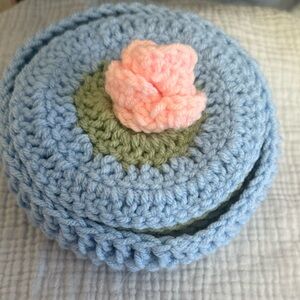Handmade Blue Pond Crochet Trinket Box with 4 Lilypad Coasters Inside